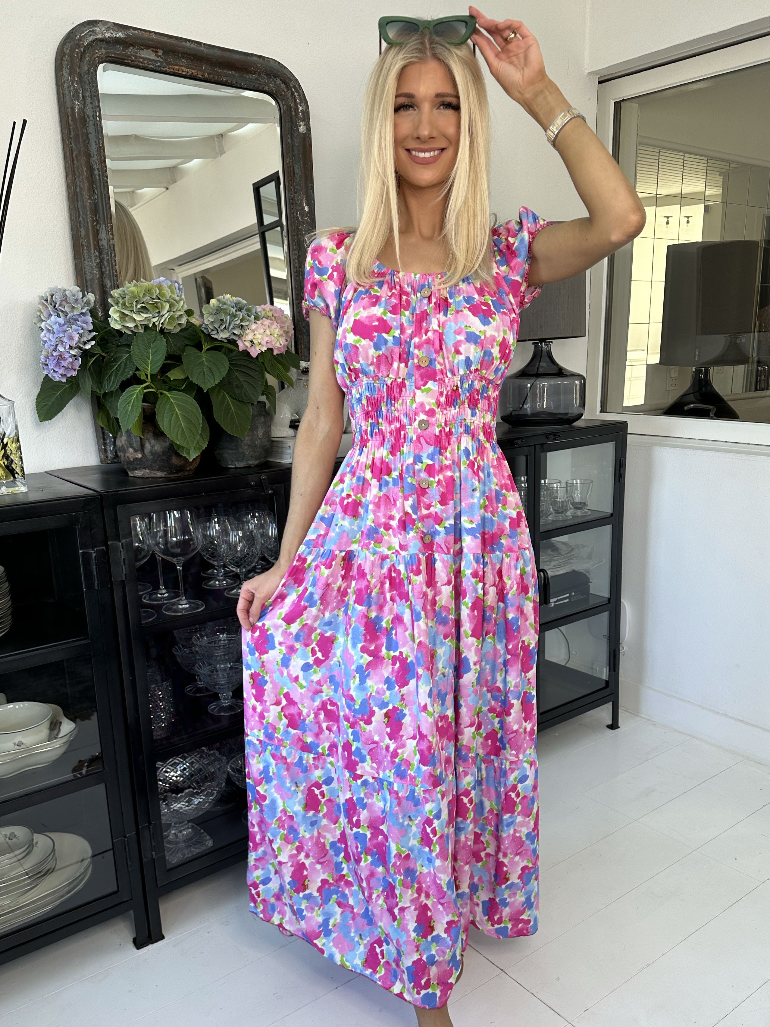 Finalia Art - Lång mångfärgad viskosklänning med resår i midjan